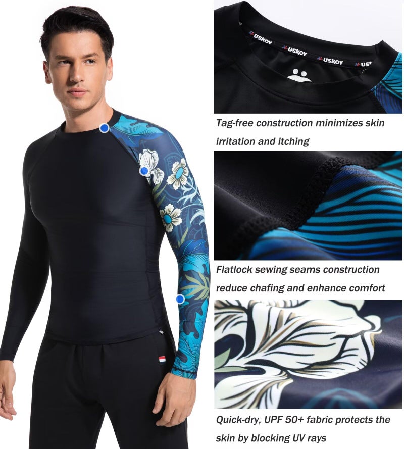 USKOY Men's Rash Guard Long Sleeve UPF 50+ Sun Protection Quick Dry Swim Shirt with Compression Fit for BJJ, Surfing & Gym Training Parlous Flower Medium - Image 3