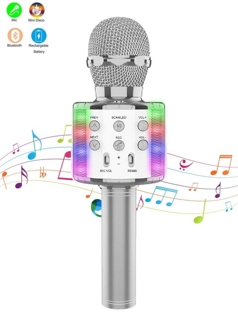 858L Portable Handheld Wireless Karaoke Microphone Bluetooth Speaker With Disco Lights Silver