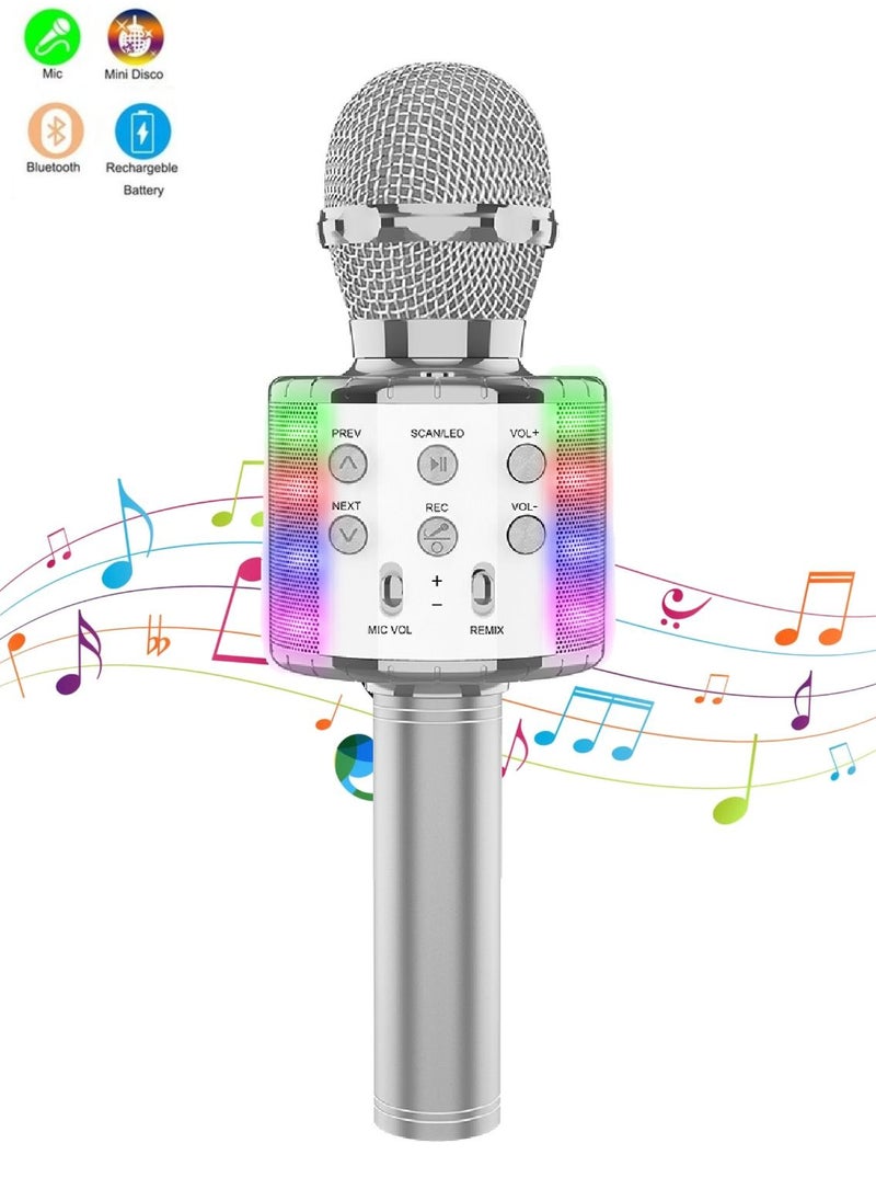 BSNL - 858L Portable Handheld Wireless Karaoke Microphone Bluetooth Speaker With Disco Lights Silver - Image 1