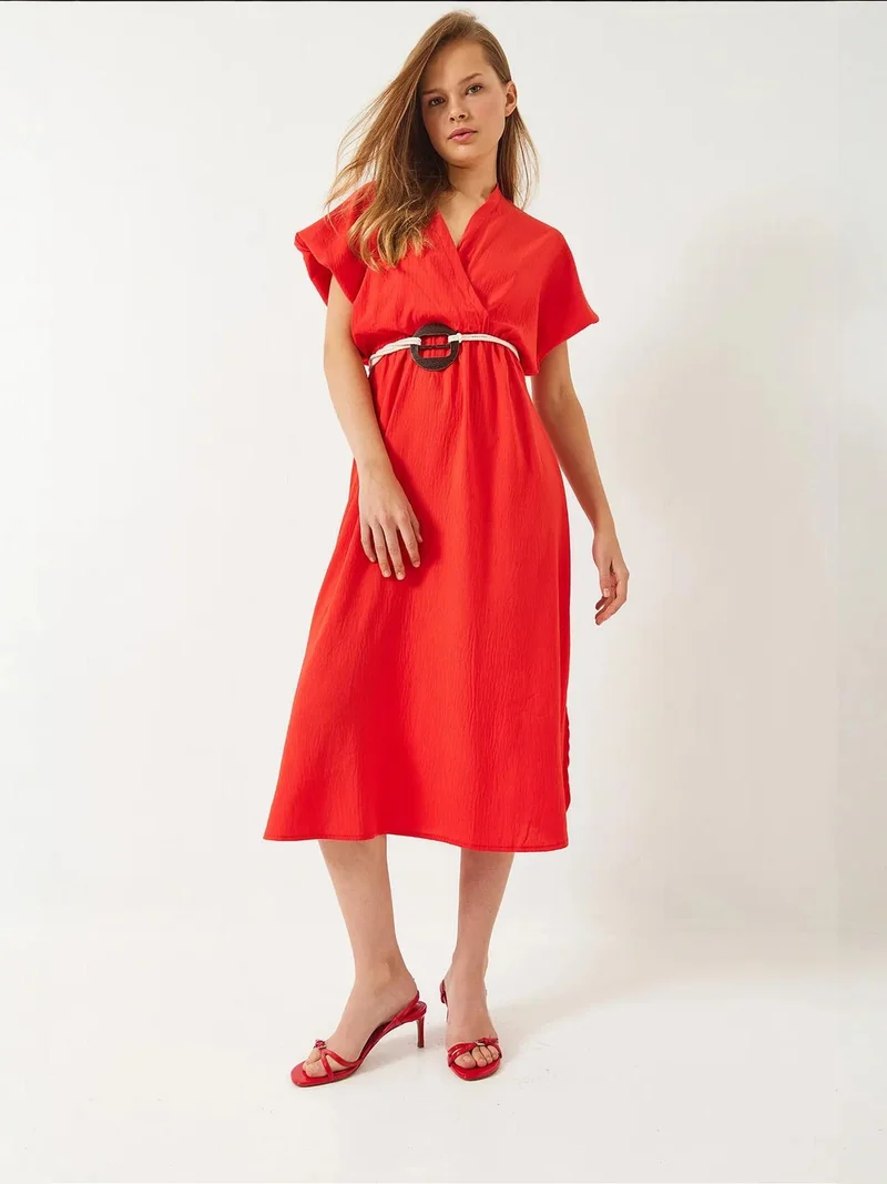 Bianco Lucci LUCCI Belted V-Neck Midi Dress