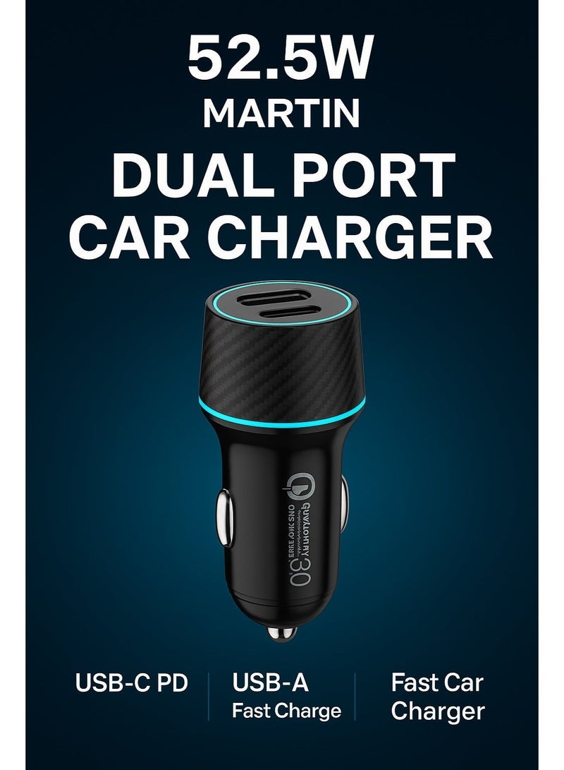 مارتن شاحن سيارة 52.5 وات 1C1A محول سيارة سريع بمنفذ USB من تايب سي مع مؤشر LED أزرق متوافق مع آيفون 17 16 15 برو ماكس جالكسي S25 24 23 ألترا هواوي شاومي هونر أوبو فيفو ساعة آبل سماعات الأذن أسود - Image 2