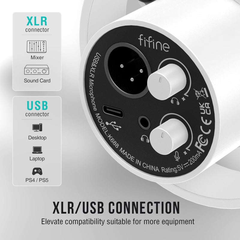 FIFINE Podcast XLR/USB Microphone Kit, Studio Dynamic Vocal Mic for Recording, Streaming, Voice-Over, PC Microphone with Boom Arm with Mute, Headphone Monitoring, Metal-AmpliTank K688T White - Image 4