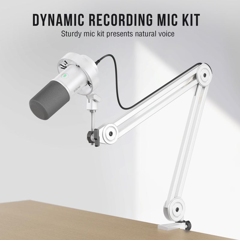 FIFINE Podcast XLR/USB Microphone Kit, Studio Dynamic Vocal Mic for Recording, Streaming, Voice-Over, PC Microphone with Boom Arm with Mute, Headphone Monitoring, Metal-AmpliTank K688T White - Image 2