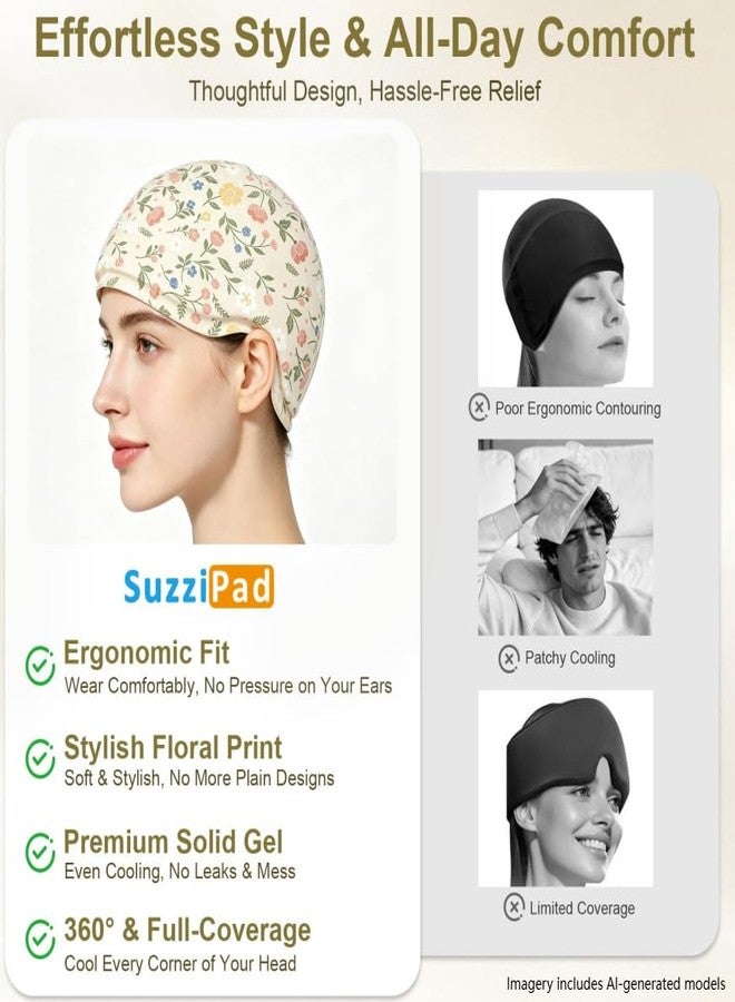 SuzziPad Cooling Cap for Chemo & Migraine, Reusable Soft Solid Gel for 360° Cold Therapy, Chemo Must Have for Women for Head Discomfort Relief, Ditsy Floral Print, Beige - Image 4