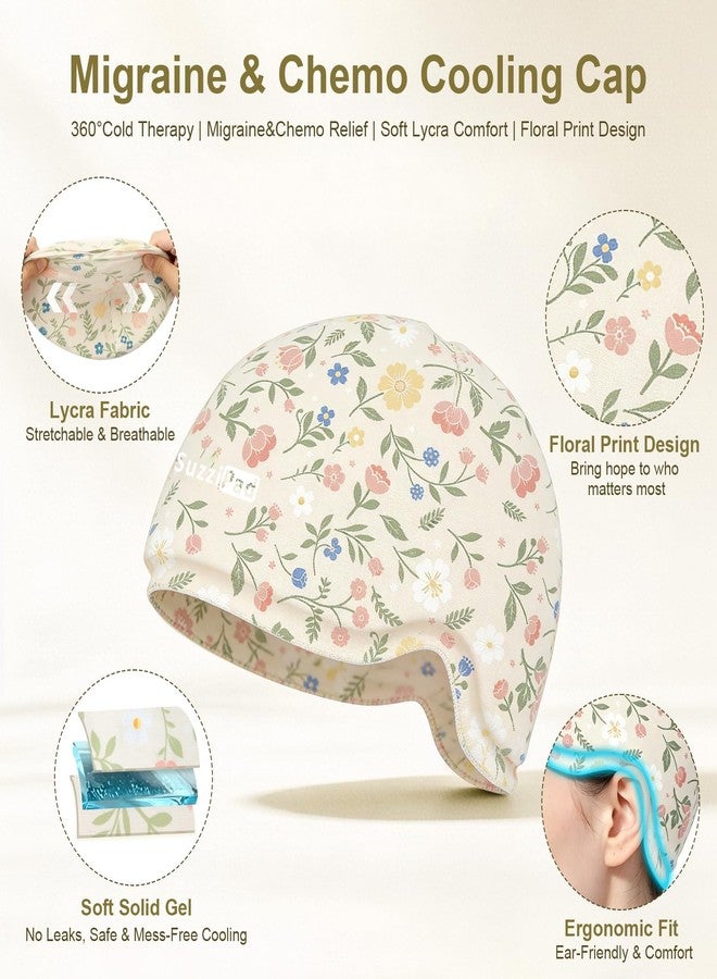 SuzziPad Cooling Cap for Chemo & Migraine, Reusable Soft Solid Gel for 360° Cold Therapy, Chemo Must Have for Women for Head Discomfort Relief, Ditsy Floral Print, Beige - Image 2