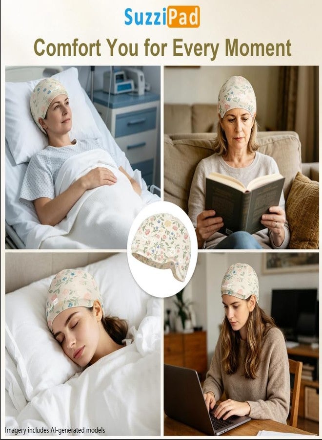 SuzziPad Cooling Cap for Chemo & Migraine, Reusable Soft Solid Gel for 360° Cold Therapy, Chemo Must Have for Women for Head Discomfort Relief, Ditsy Floral Print, Beige - Image 5