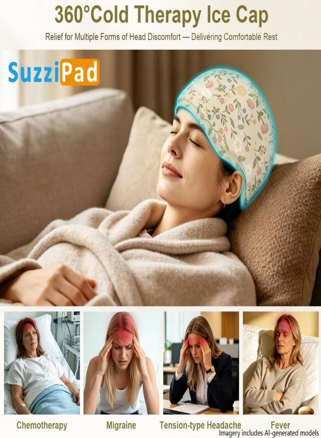 SuzziPad Cooling Cap for Chemo & Migraine, Reusable Soft Solid Gel for 360° Cold Therapy, Chemo Must Have for Women for Head Discomfort Relief, Ditsy Floral Print, Beige - Image 3