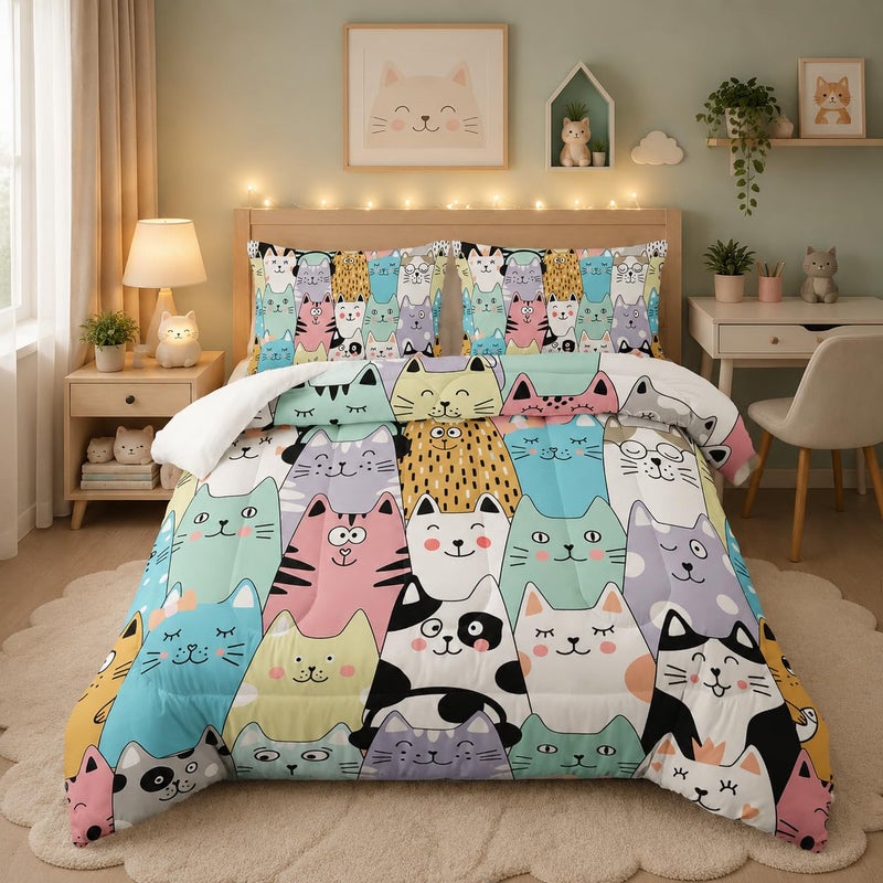Tuzaovy Twin Cat Comforter Set for Girls Kawaii Cute Bedding Set with Cat Room Decor - Image 2