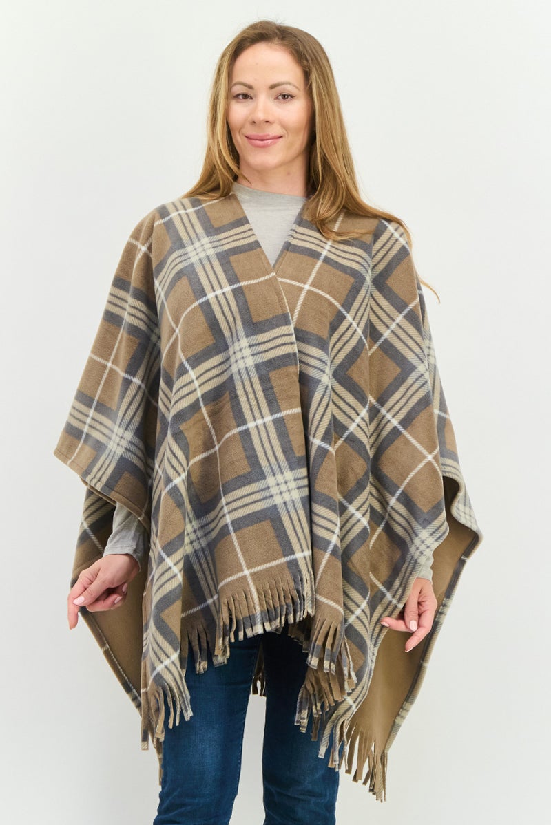 London Fog Women Split Neck Plaid Fleece Poncho, Multicolor  - Image 1