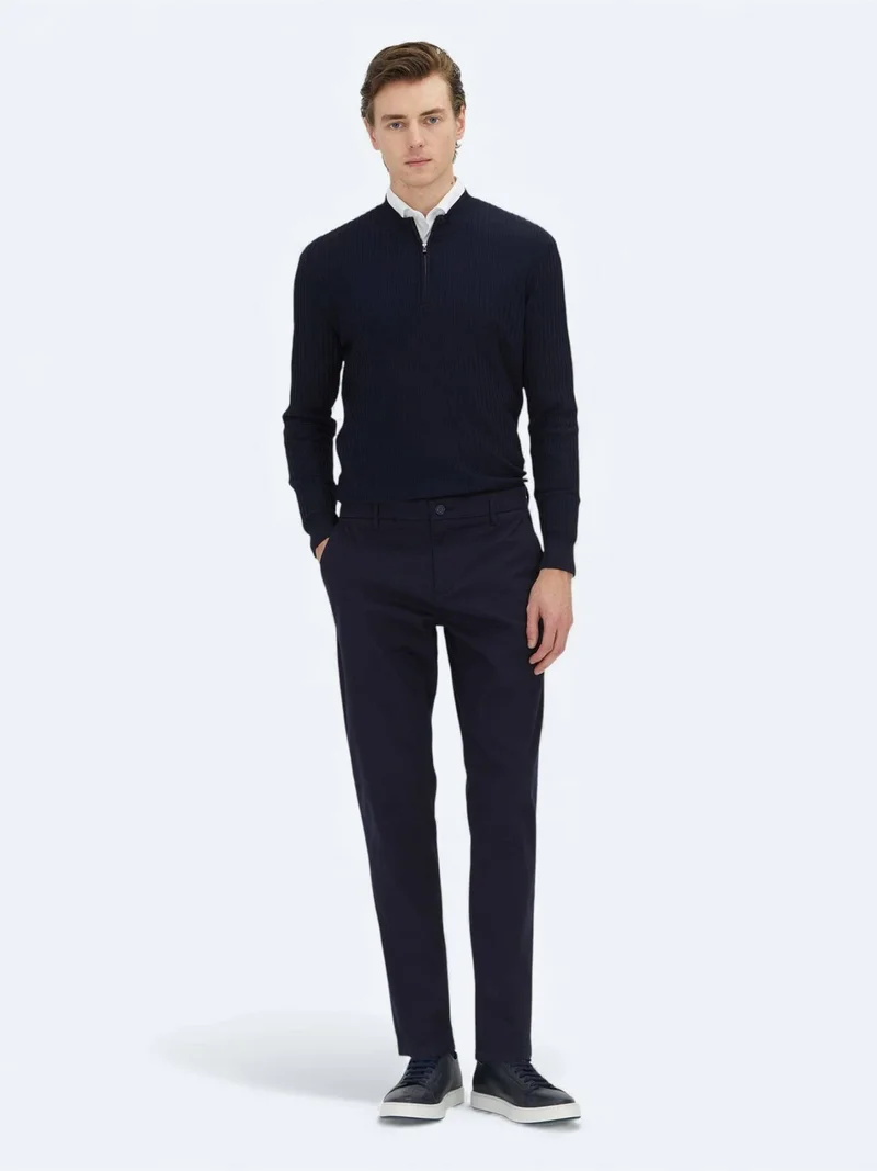Kip Navy Blue Weaving Regular Fit Casual Cotton Blended Trousers
