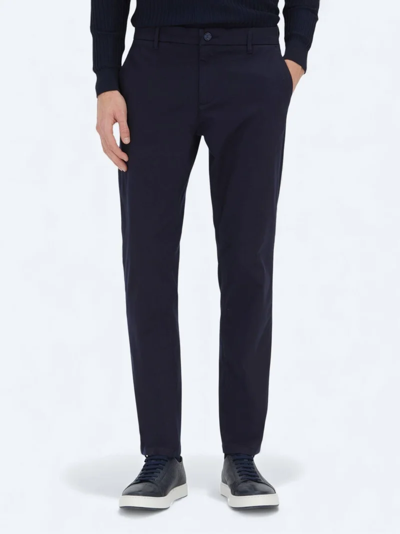 Kip Navy Blue Weaving Regular Fit Casual Cotton Blended Trousers