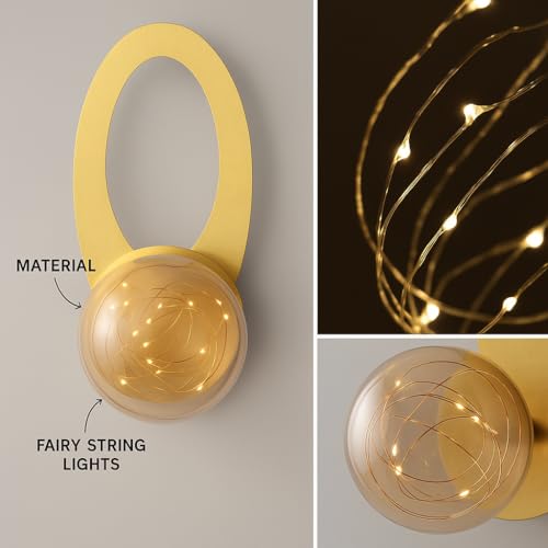 CORALTREE CORAL TREE Fairy String LED Wall Light with Glass Globe | Modern Gold Metal Wall Lamp | 31 cm Decorative Sconce with Warm Fairy Lights | Premium Indoor Wall Fixture for Living Room, Bedroom & Hallway - Image 3