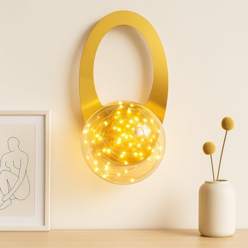 CORALTREE CORAL TREE Fairy String LED Wall Light with Glass Globe | Modern Gold Metal Wall Lamp | 31 cm Decorative Sconce with Warm Fairy Lights | Premium Indoor Wall Fixture for Living Room, Bedroom & Hallway - Image 1