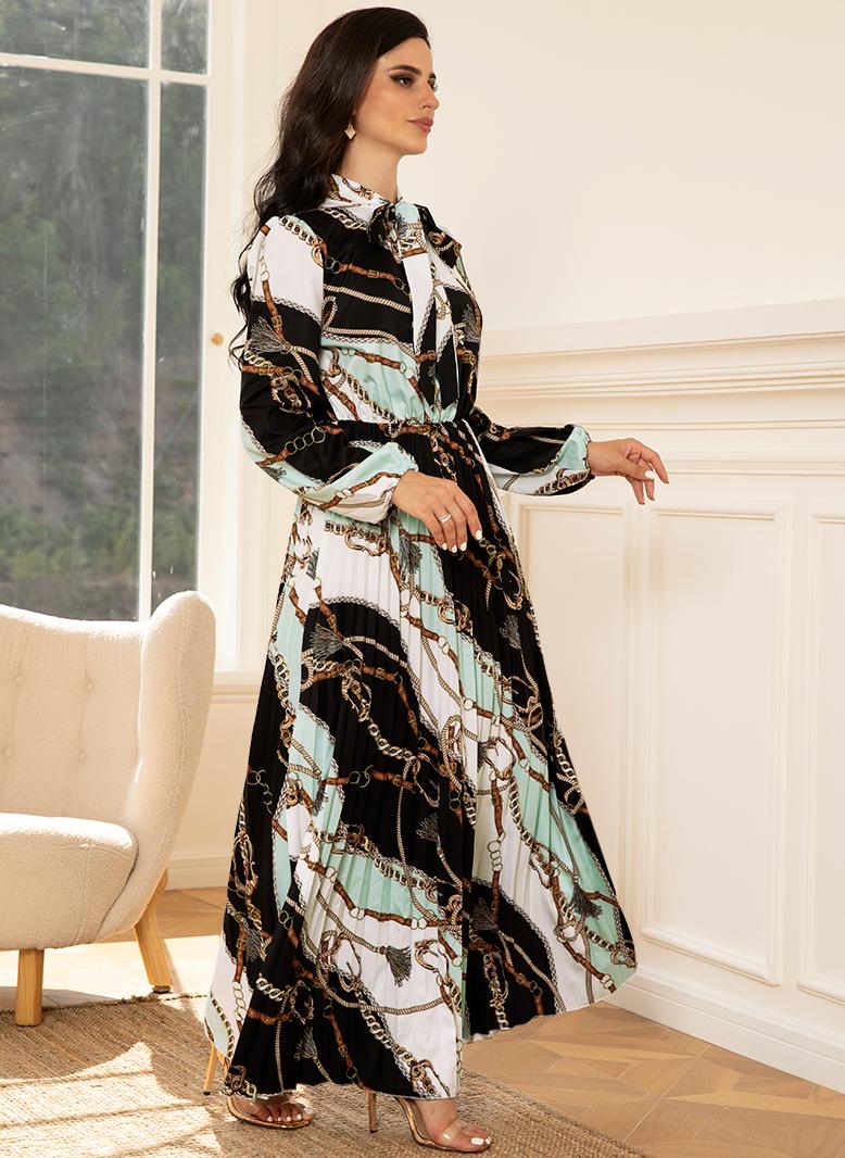 فرايديين انيق طوق غير متماثل طباعة قوس كم منتظم فساتين طويلة اخضر - Image 4