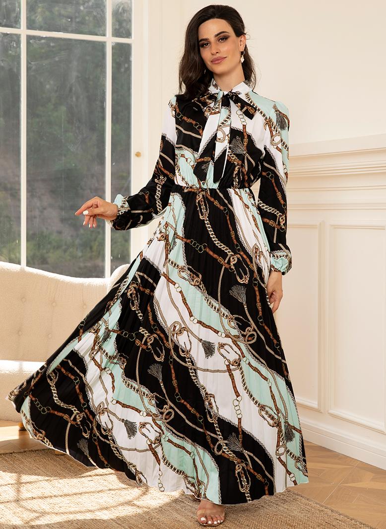 فرايديين انيق طوق غير متماثل طباعة قوس كم منتظم فساتين طويلة اخضر - Image 3