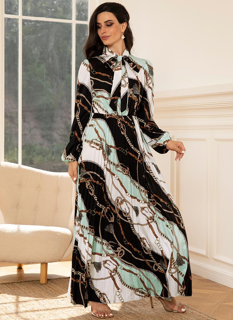 فرايديين انيق طوق غير متماثل طباعة قوس كم منتظم فساتين طويلة اخضر - Image 1