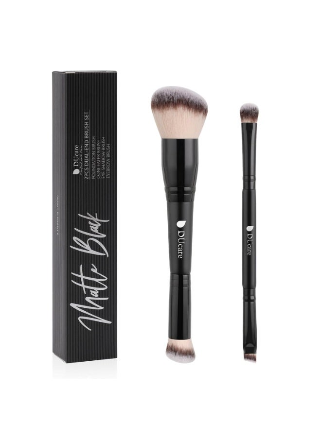 DUcare 2-in-1 Dual-Ended Makeup Brushes 2 Pack - Black Edition Contouring Foundation & Concealer Brushes for Liquid, Powder, Buffing, Blending - Image 1