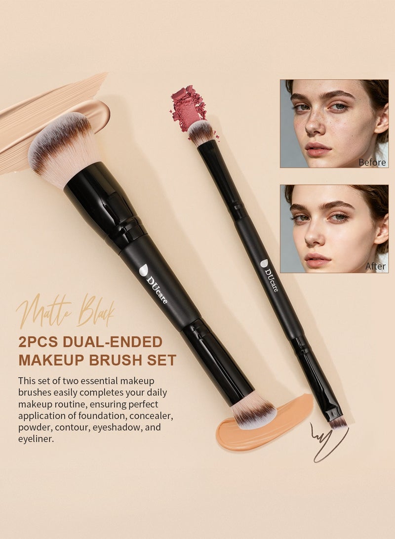 DUcare 2-in-1 Dual-Ended Makeup Brushes 2 Pack - Black Edition Contouring Foundation & Concealer Brushes for Liquid, Powder, Buffing, Blending - Image 2