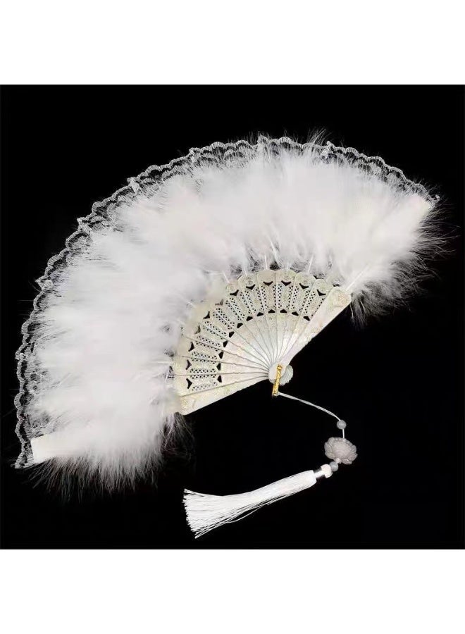 WHITE FEATHER GOTHIC LOLITA FAN - LACE JAPANESE FOLDING FAN WITH CHAIN PENDANT, ELEGANT DARK ROMANCE