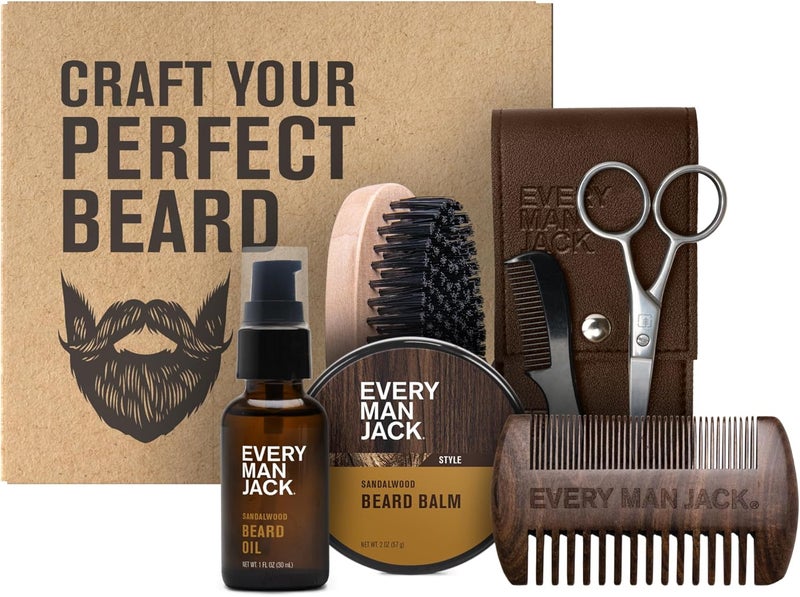 Every Man Jack Beard Grooming Kit for Men  Includes Sandalwood Beard Oil  Beard Balm Beard Brush Wooden Dualsided Comb Trimming Scissors and Mustache Comb