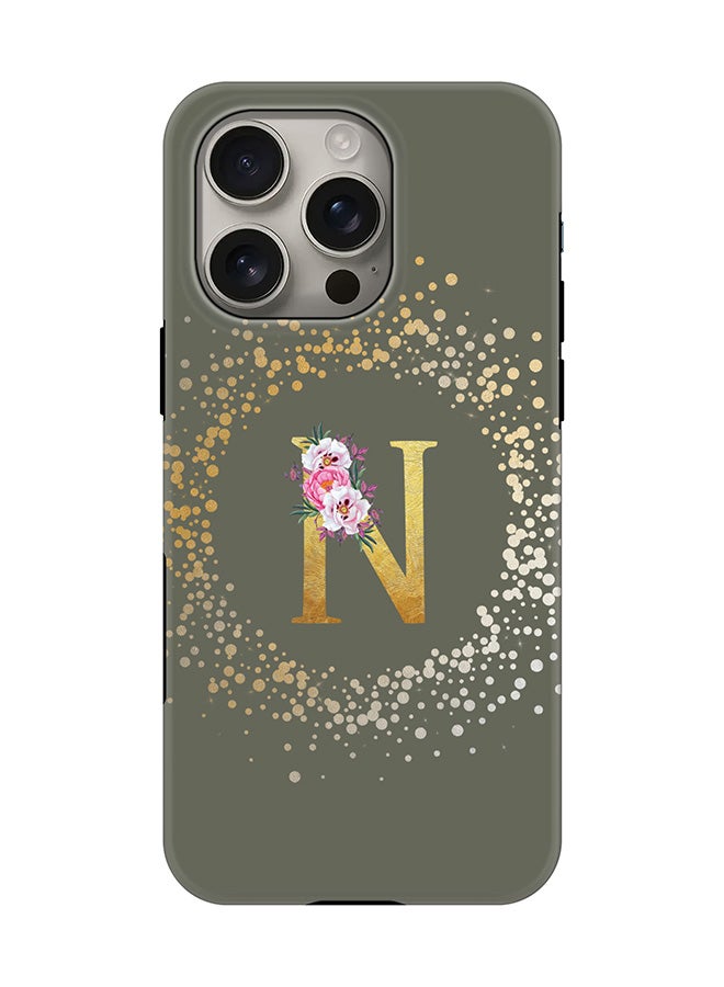 Stylizedd Tough Pro Magnetic Case for iPhone 16 Pro, Dual Layer hybrid PC + TPU Mobile Cover Matte - Custom Monogram Floral - N  (Olive Green ) - Image 1