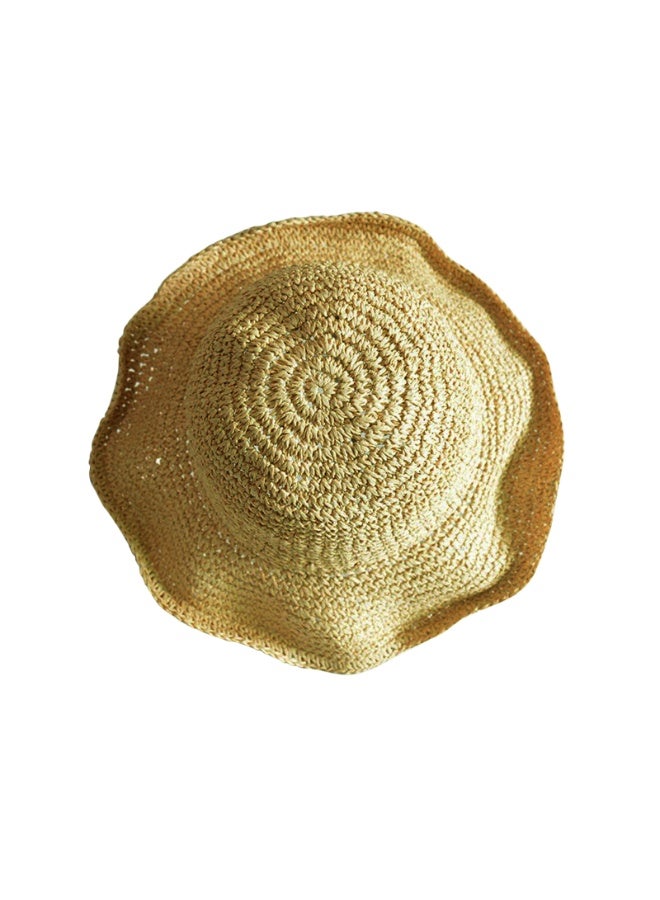 قبعة القش المنسوجة يدويا قناع عطلة الشاطئ قبعة الكروشيه قابلة للطي بلون الصلبة قبعة الصيف للفتيات (كاكي) - Image 3