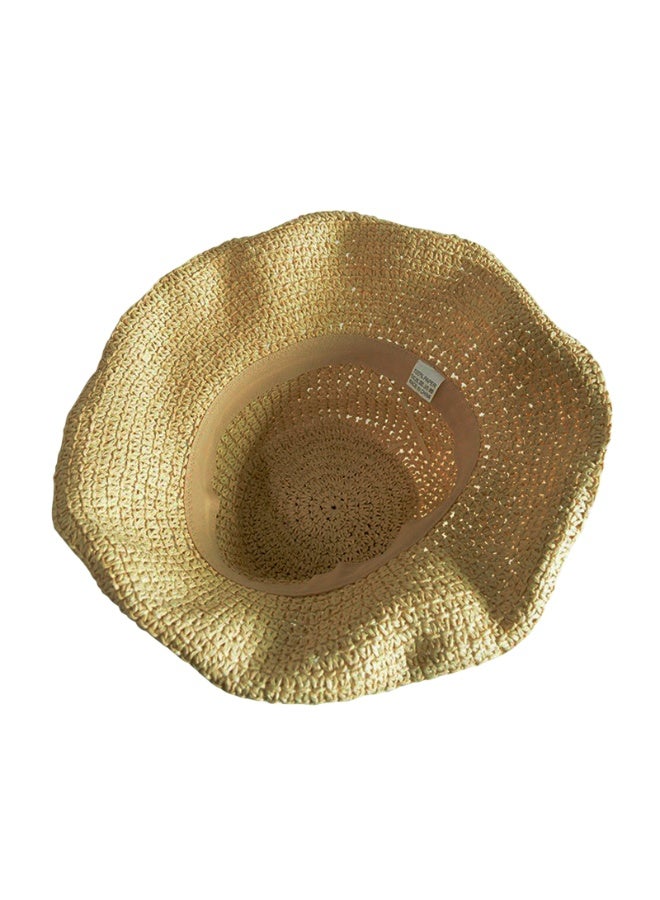 قبعة القش المنسوجة يدويا قناع عطلة الشاطئ قبعة الكروشيه قابلة للطي بلون الصلبة قبعة الصيف للفتيات (كاكي) - Image 4