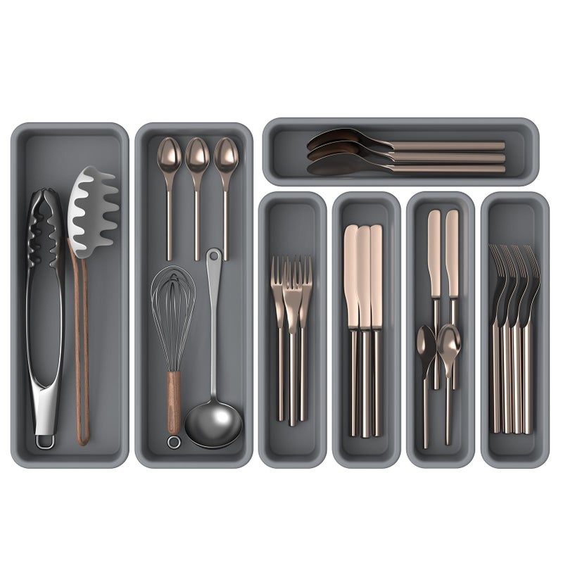 K KORKUAN 7 Pack Silicone Silverware Drawer Organizer, DIY Free Combination Kitchen Drawer Organizer, Utensil Organizer, Moisture-proof and Heat-resistant up to 200Â°C, Anti-slip Design (Grey) - Image 1