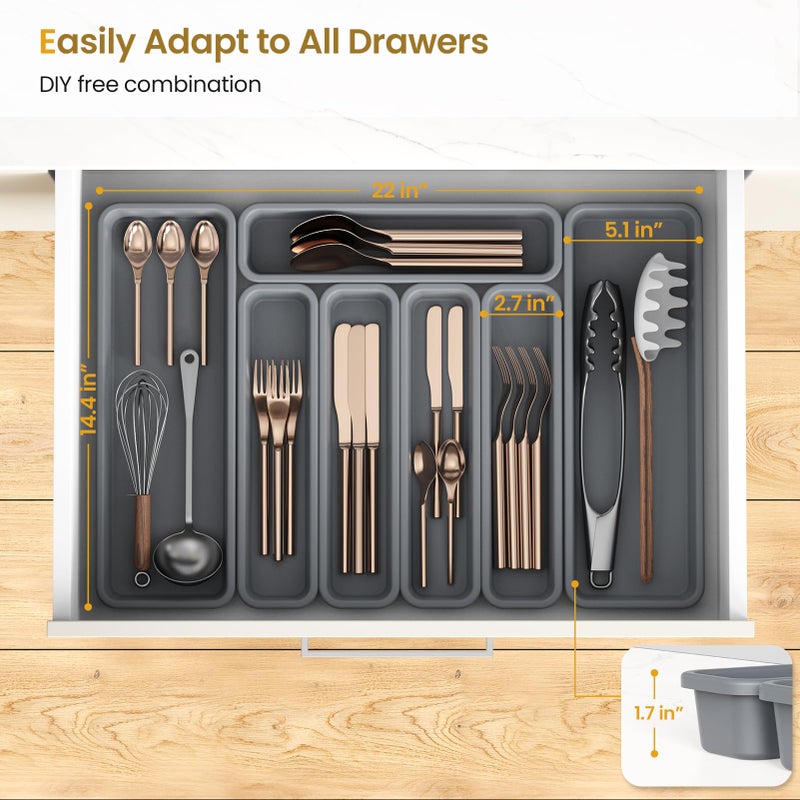 K KORKUAN 7 Pack Silicone Silverware Drawer Organizer, DIY Free Combination Kitchen Drawer Organizer, Utensil Organizer, Moisture-proof and Heat-resistant up to 200Â°C, Anti-slip Design (Grey) - Image 3