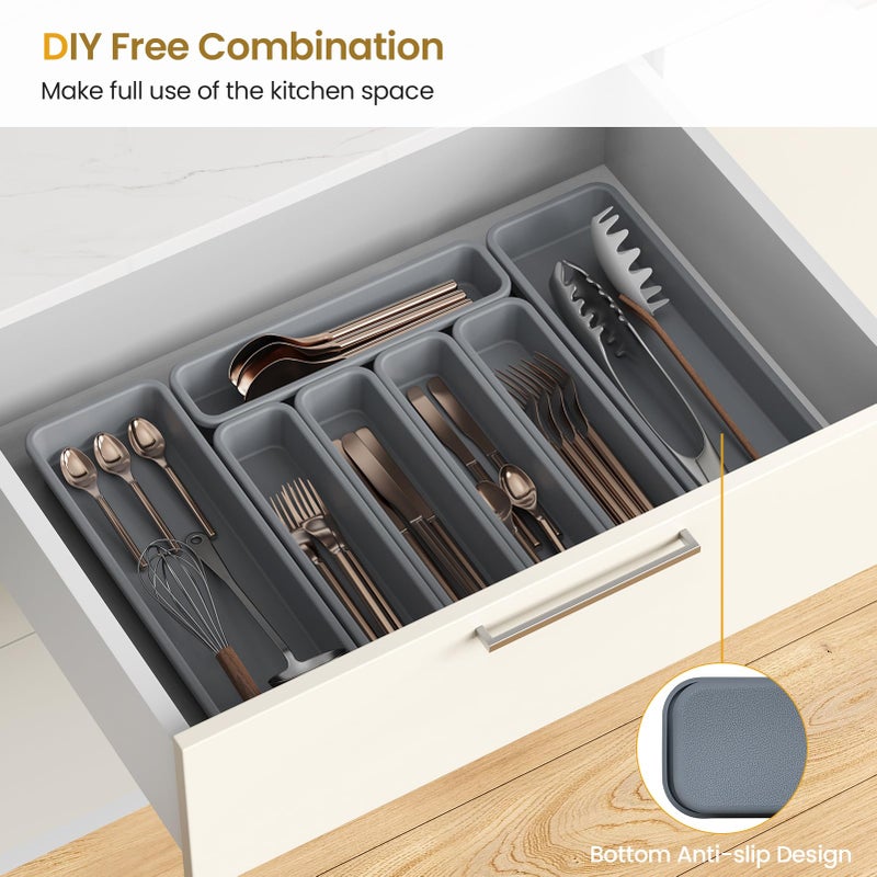 K KORKUAN 7 Pack Silicone Silverware Drawer Organizer, DIY Free Combination Kitchen Drawer Organizer, Utensil Organizer, Moisture-proof and Heat-resistant up to 200Â°C, Anti-slip Design (Grey) - Image 5