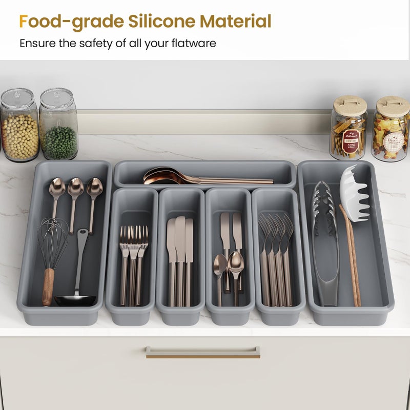 K KORKUAN 7 Pack Silicone Silverware Drawer Organizer, DIY Free Combination Kitchen Drawer Organizer, Utensil Organizer, Moisture-proof and Heat-resistant up to 200Â°C, Anti-slip Design (Grey) - Image 2