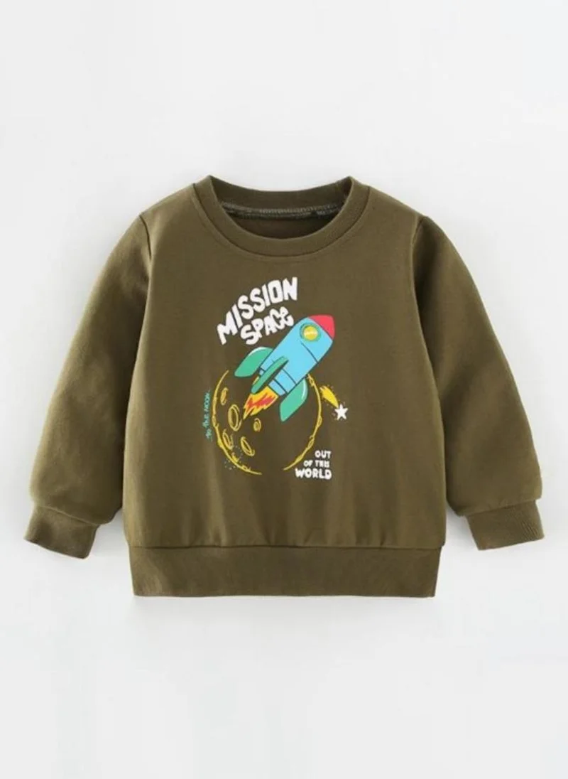 يونيكي Olive Green Graphic Printed Round Neck T-shirt