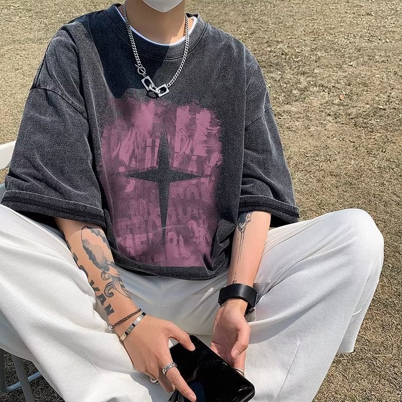 American-Style Vintage Washed Old Men'S Short-Sleeved T-Shirt Printed Fashionable Loose Ins Half-Sleeve Summer Couple'S Top - Image 4
