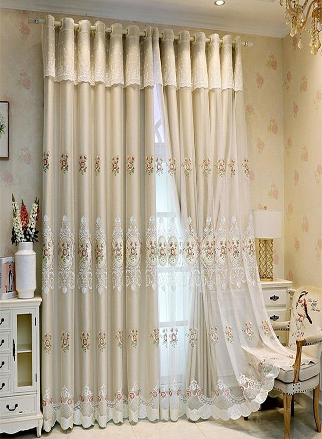 Amidoudou 1 Pair European Double Layer Curtains with Valance for Living Room Bedroom Floral Embroidered Curtains (Beige,51x84 Inch) - Image 5