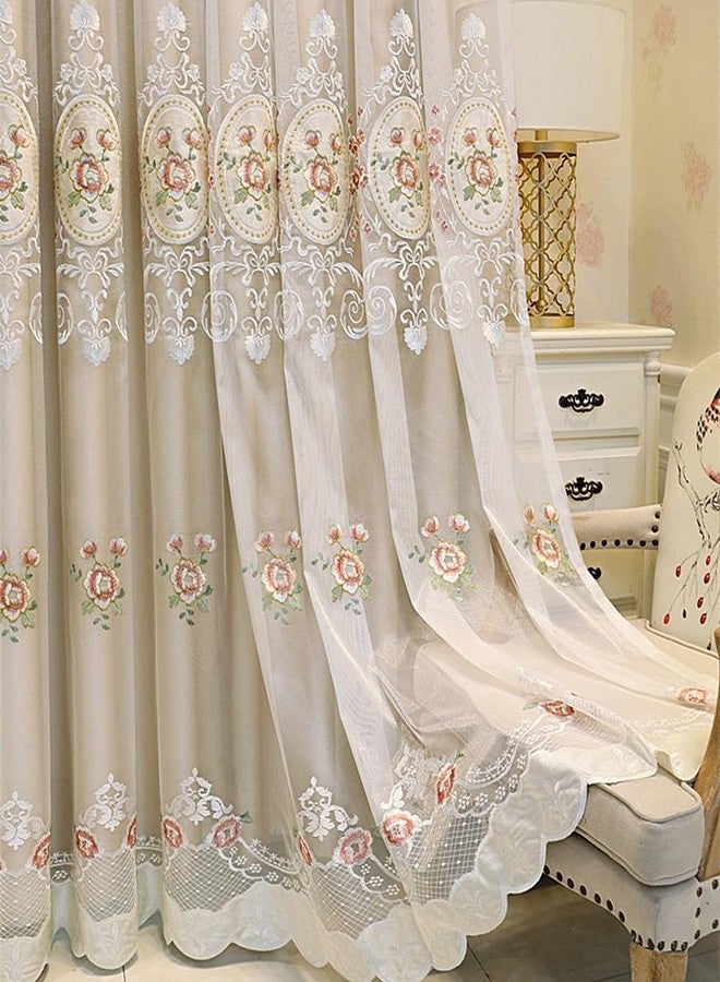 Amidoudou 1 Pair European Double Layer Curtains with Valance for Living Room Bedroom Floral Embroidered Curtains (Beige,51x84 Inch) - Image 1