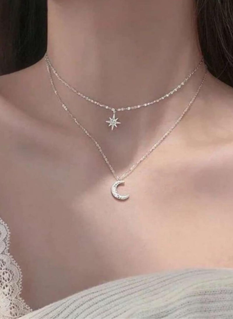 اكسوارات ار ايه عقد نسائي مميز من سلسله فضي بطبقات بتصميم هلال ونجمة لامع - Image 1