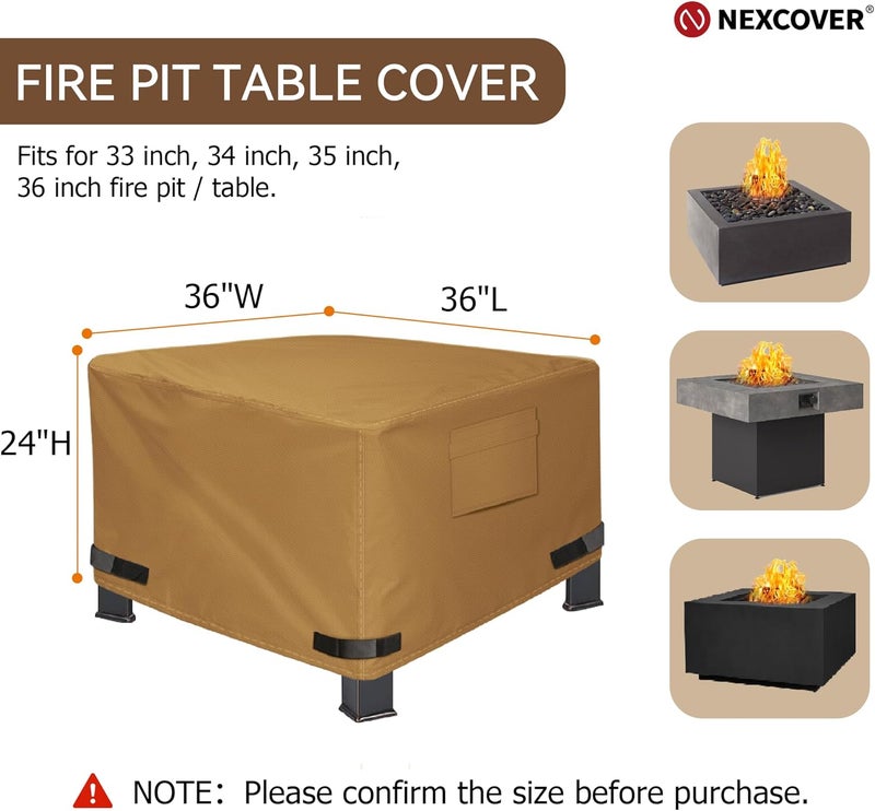 NEXCOVER غطاء موقد نار مربع - غطاء ثقيل مقاوم للماء 600D، غطاء خارجي متميز للباتيو، 36 بوصة طول × 36 بوصة عرض × 24 بوصة ارتفاع، يناسب مواقد النار / الطاولات 33 بوصة، 34 بوصة، 35 بوصة، 36 بوصة، بني. - Image 2