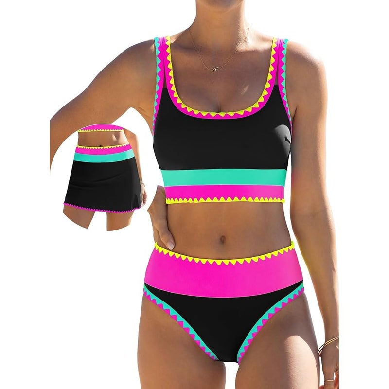 popvil High Waisted Bikini Sets for Women Tummy Control Swimsuits 3 Piece Bathing Suits Neon Swimwear with Skirt 2026, Black, M - Image 1