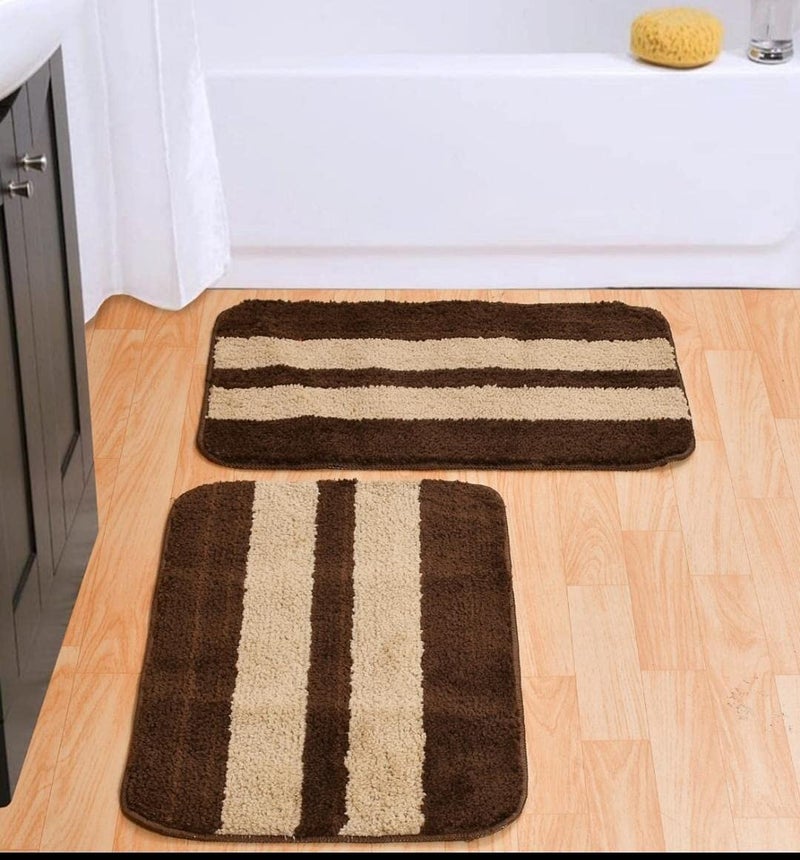 MODERN FAB Modern 2 Piece mats with Anti Skid Rubber Backing,Colour Cofee with Gold Strip,Size(40 x 60 cm) Set of 2 Piece - Image 1