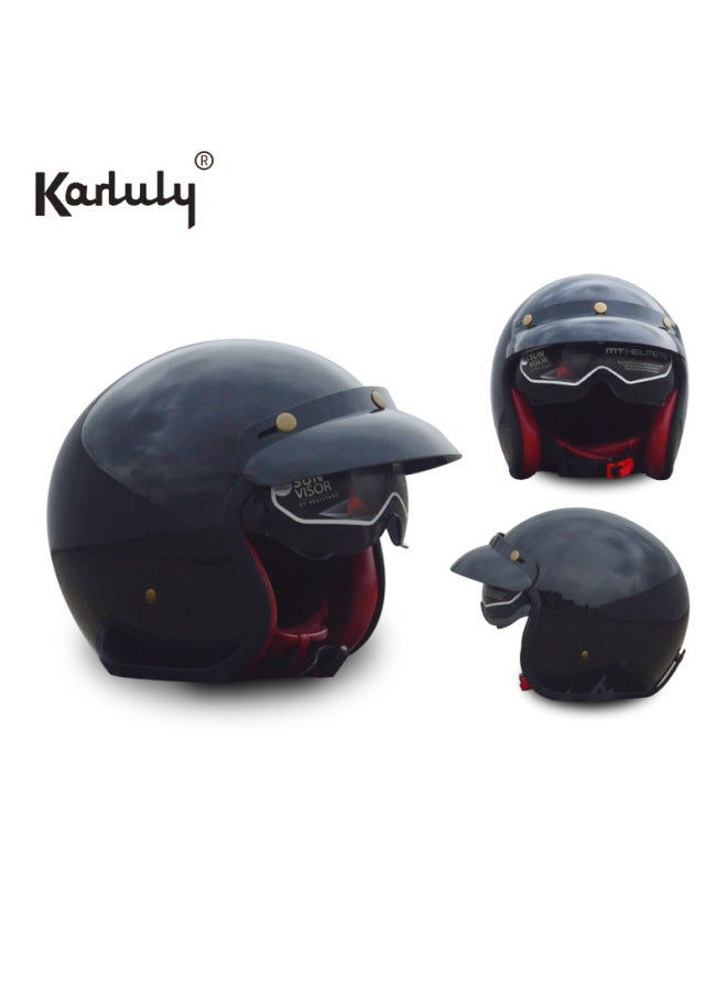 Classic Bright Black Retro ABS Half Motorcycle Helmet with Inner Mirror for Men Women Summer