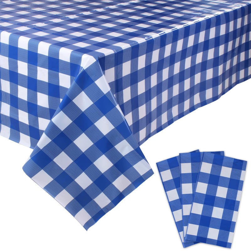 Kesfey 3 Packs White and Blue Gingham Table Cloths 54 x 108 Inches Disposable Plastic Checkered Tablecloths Waterproof Rectangle Picnic Party Tablecovers for Birthday Party Dining Table Kitchens