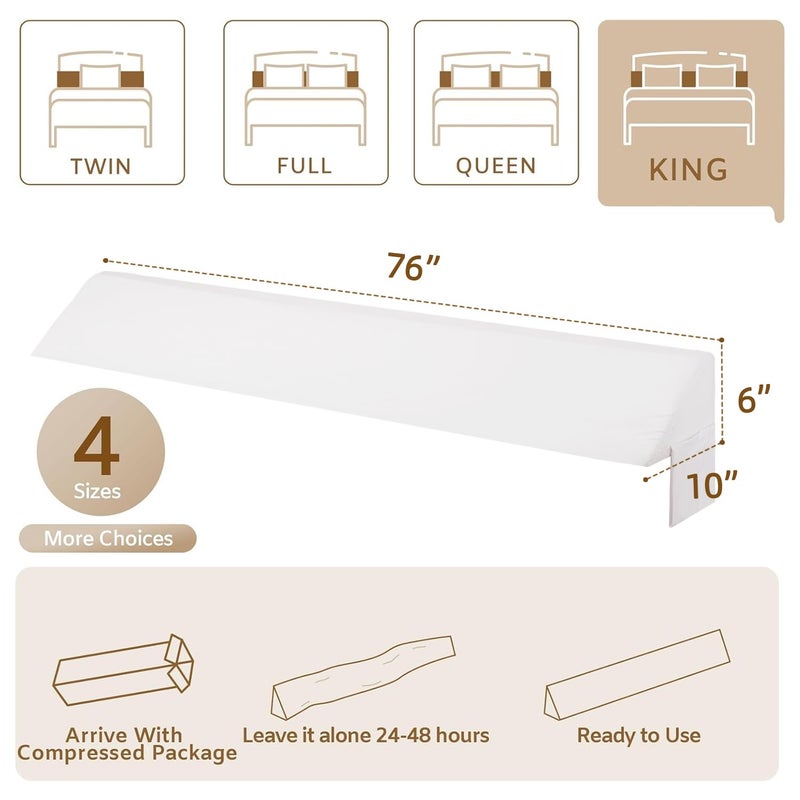 Bedluxe King Wedge Pillow Headboard (76"x10"x6"), Bed Wedge Pillow for Headboard, Foam Headboard Pillow, Bed Gap Filler King - Fill The Gap (0-7"), Mattress Gap Filler (White) - Image 4