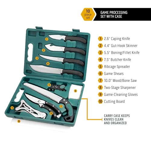 OUTDOOR EDGE Game-Pro 11-Piece Butcher Knife Set | Caping & Boning Knives, Deer Skinning Knife, Bone Saw, Game Shears, Sharpener & Rib Spreader in Hard-Side Case | Elite Elk & Deer Hunting Gear - Image 5