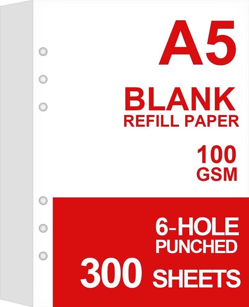 Getvow (3 Pack) A5 Blank Refill Paper, 6 Hold Punched, 300 Sheets/600 Pages Loose Leaf Paper for Large Leather Journal/Filofax Binders, 100gsm Blank Printer Paper, 5.8'' x 8.2'' - Image 1