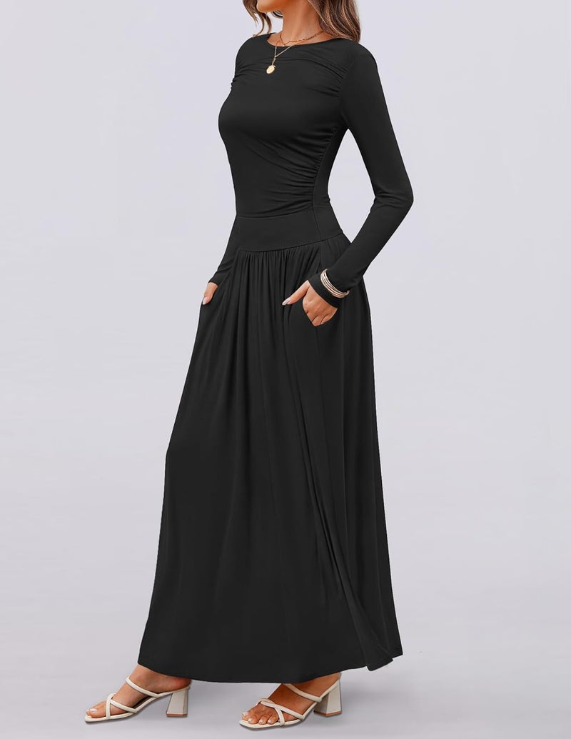 Women's Long Sleeve Maxi Dress with Pockets - Black, XL - Image 5