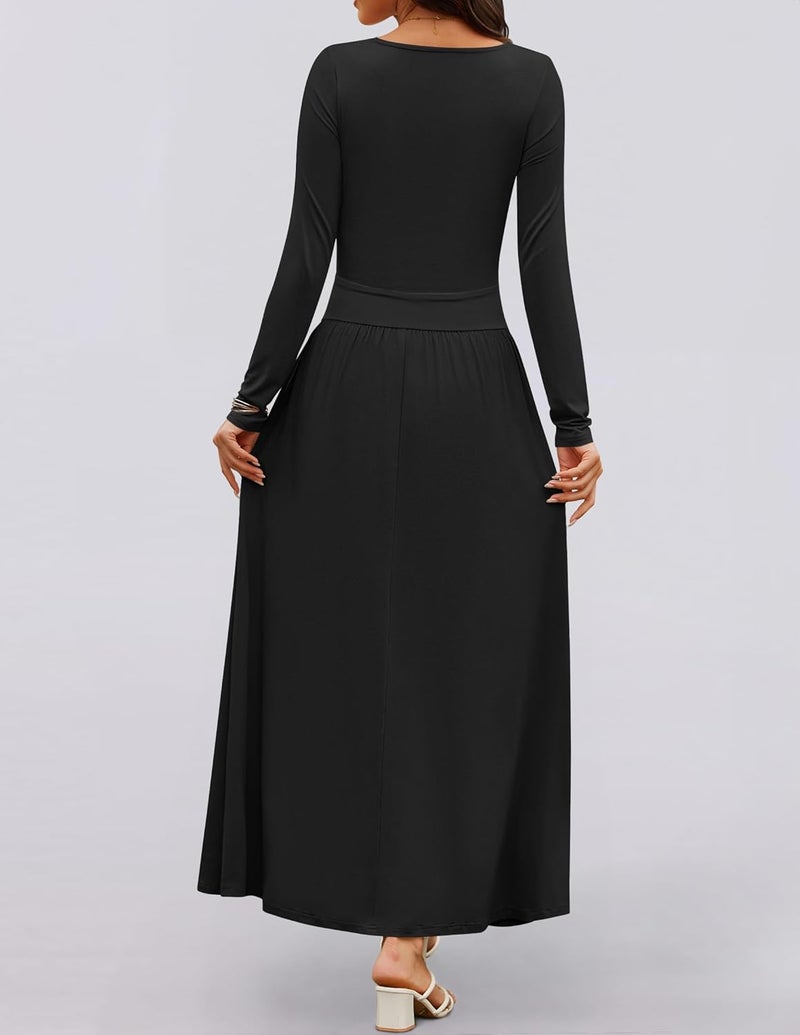 Women's Long Sleeve Maxi Dress with Pockets - Black, XL - Image 4