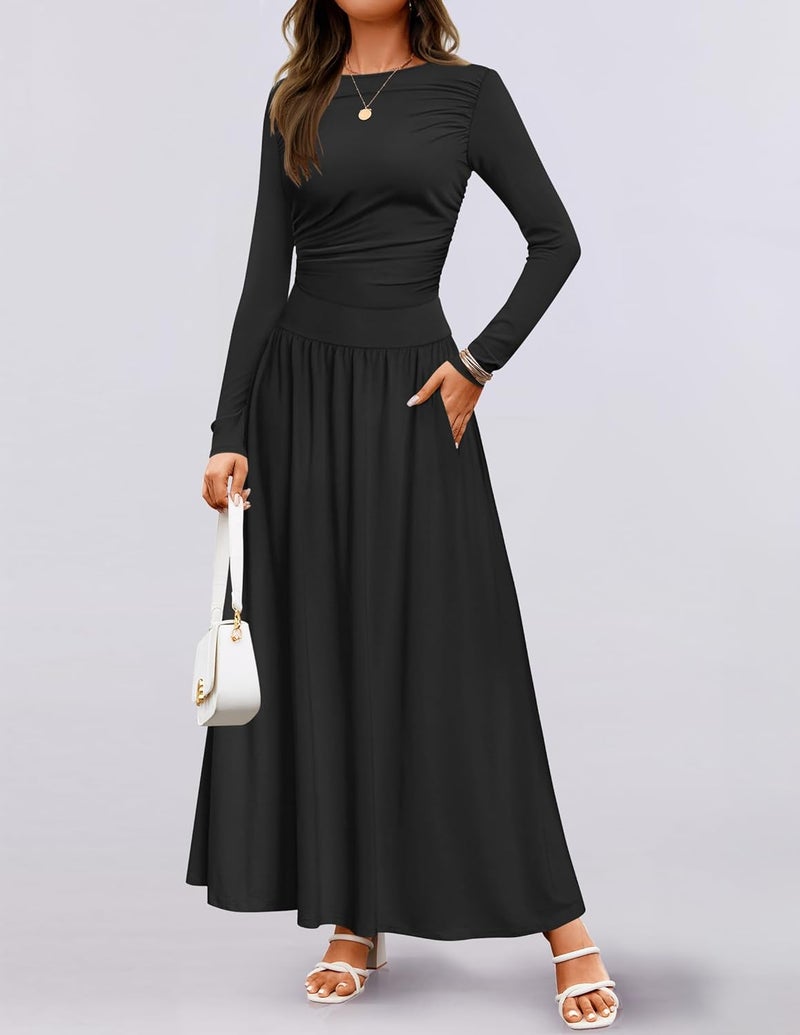 Women's Long Sleeve Maxi Dress with Pockets - Black, XL - Image 3