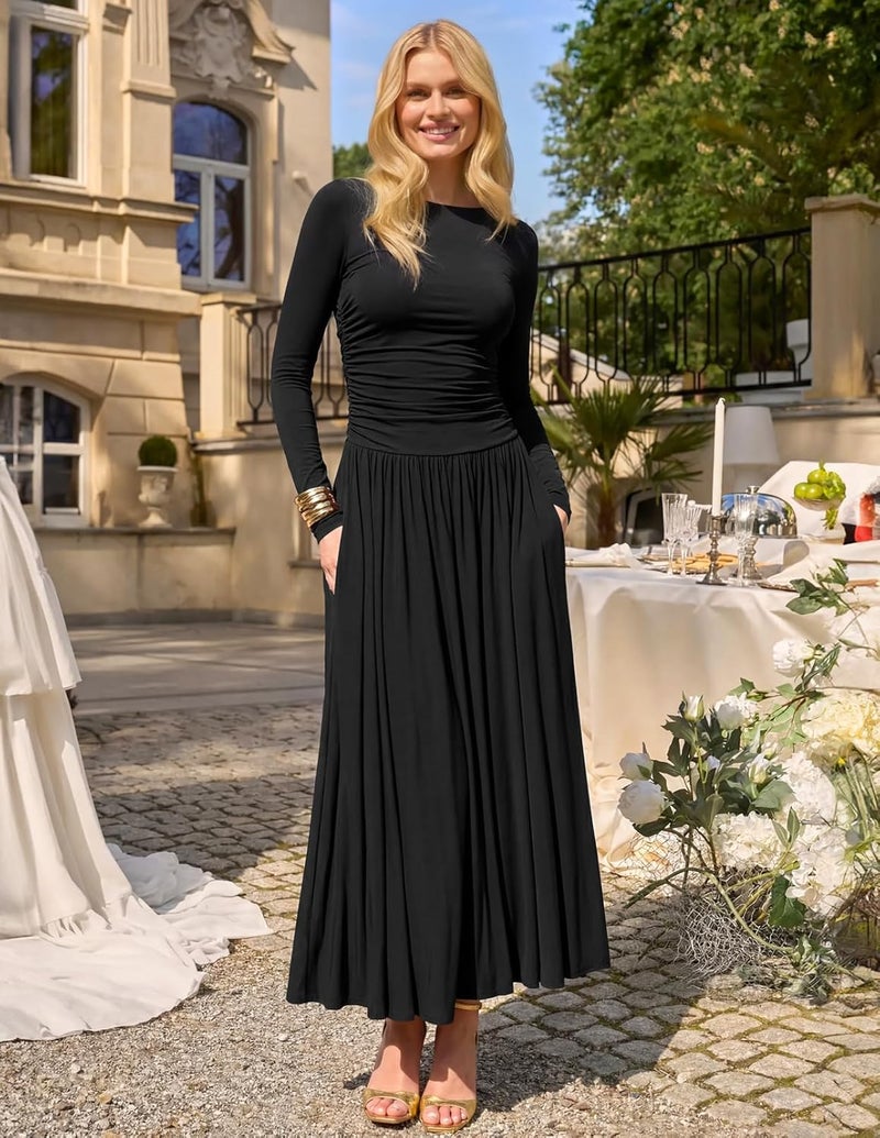 Women's Long Sleeve Maxi Dress with Pockets - Black, XL - Image 2