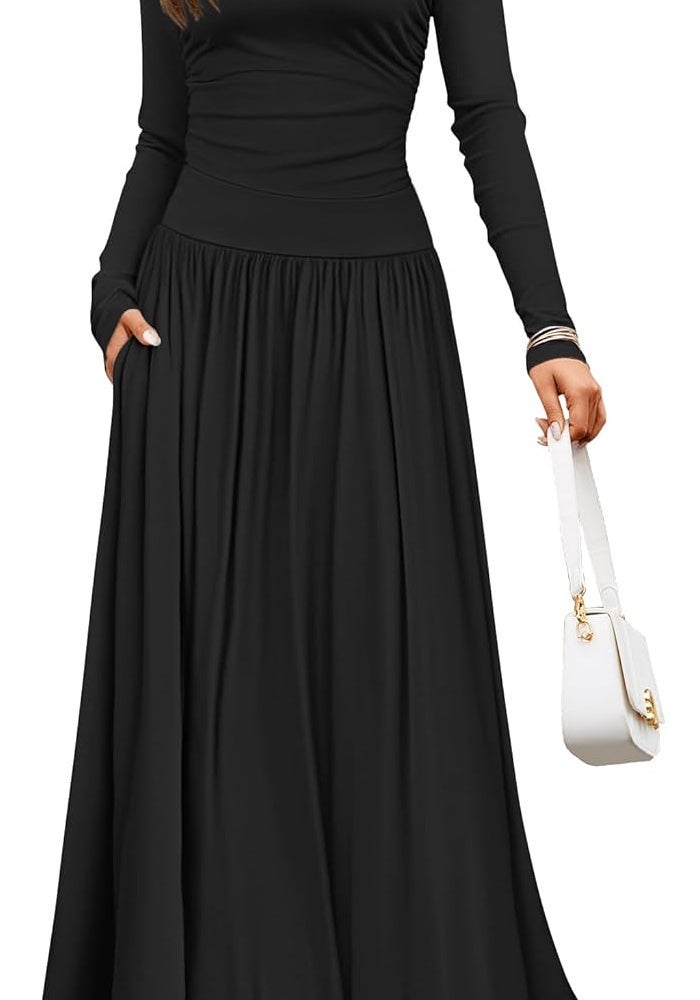 Women's Long Sleeve Maxi Dress with Pockets - Black, XL - Image 1