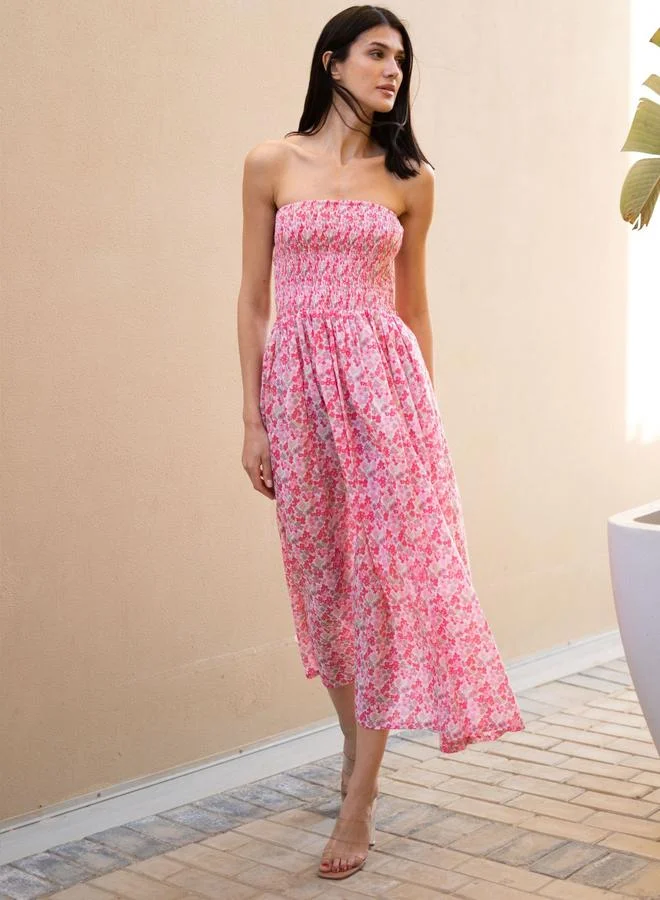 Sanskrutihomes  Sanskrutihomes Smocked Detail Bandeau Neck Printed Midi Dress for Women | Best Price UAE